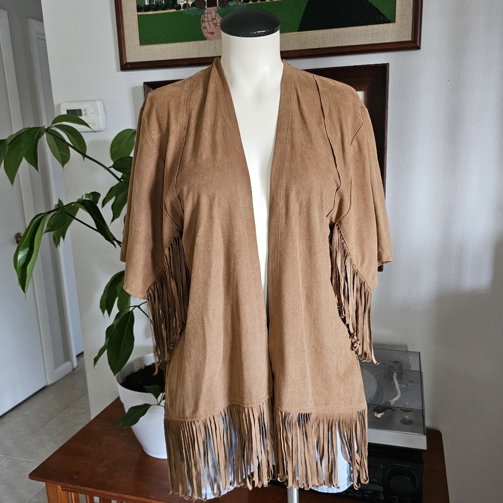 Hollister boho western hippie faux suede tassel short-sleeve open cardigan Sz S